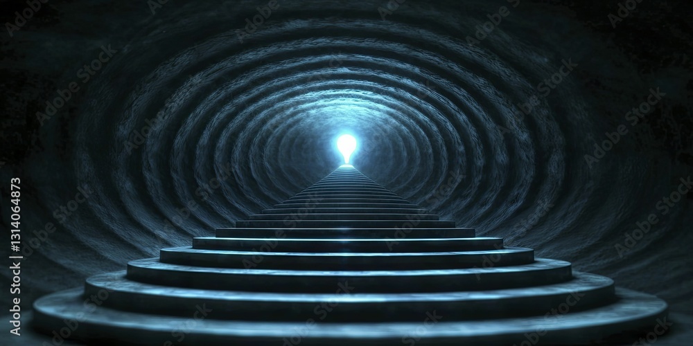Fototapeta premium A vibrant spiral staircase leading to a glowing bulb, representing the journey of creative virtual brainstorming.
