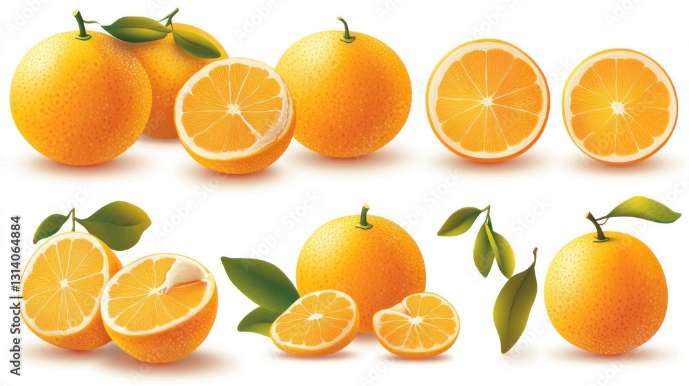 Realistic oranges, whole and sliced, with leaves on white background. Possible use Food illustration, healthy eating, or graphic design Realistic oranges, whole and sliced, with leaves on white background. Possible use Food illustration, healthy eating, or graphic design