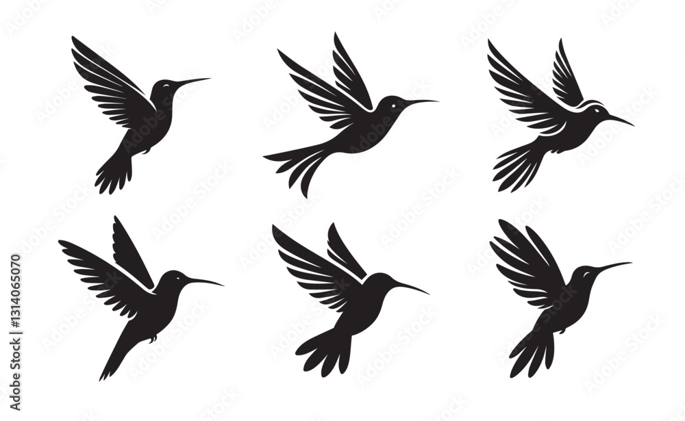 Hummingbird black solid silhouette bundle isolated on white background, bird clip art logo icon set Hummingbird black solid silhouette bundle isolated on white background, bird clip art logo icon set