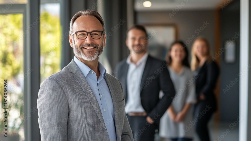 Confident businessman smiling portrait with colleagues in office team grey suit happy leader career Confident businessman smiling portrait with colleagues in office team grey suit happy leader career