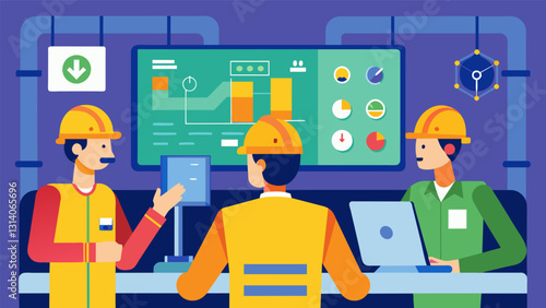 As part of their daily routine engineers closely monitor the pipelines performance and identify areas for improvement in the control room.. Vector illustration