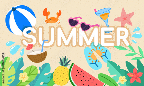 Summer vacation background with beach icons and tropical elements