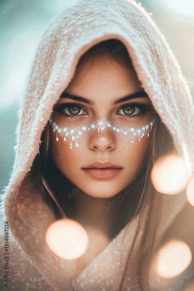 Obraz premium Mysterious woman with tribal face paint and silver hair in pastel pink cloak