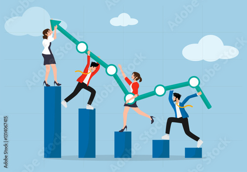 Growth chart diagram, financial chart of teamwork boosting profit growth. successful investment progress vector illustration.