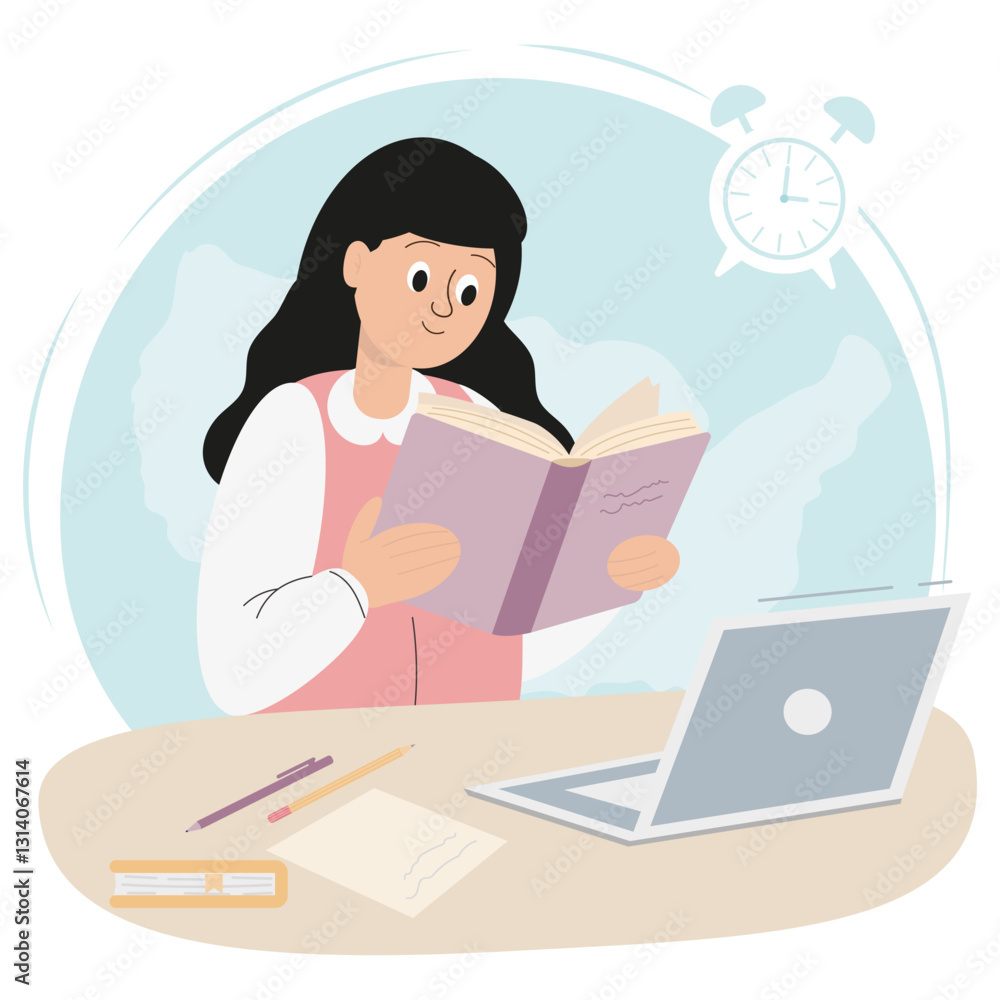 World Book Day. Back to school. Woman, girl, student, pupil sitting and reading a book at the table with and without headphones. Global education concept, study abroad, international schools. World Book Day. Back to school. Woman, girl, student, pupil sitting and reading a book at the table with and without headphones. Global education concept, study abroad, international schools.