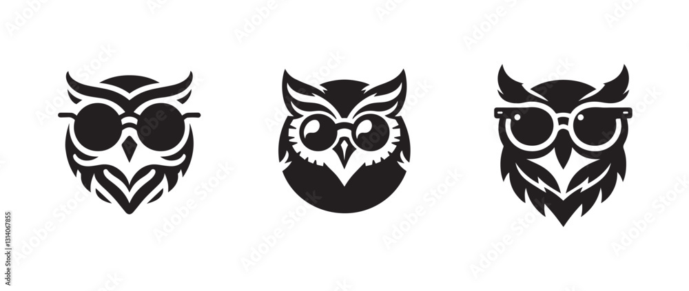 Owl wearing sunglass, black solid silhouette bundle isolated on white background, clip art logo icon set Owl wearing sunglass, black solid silhouette bundle isolated on white background, clip art logo icon set