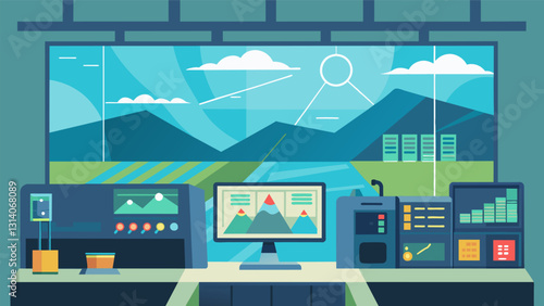 In the control room a series of large screens display realtime data and statistics of the hydropower plant providing a constant stream of information. Vector illustration