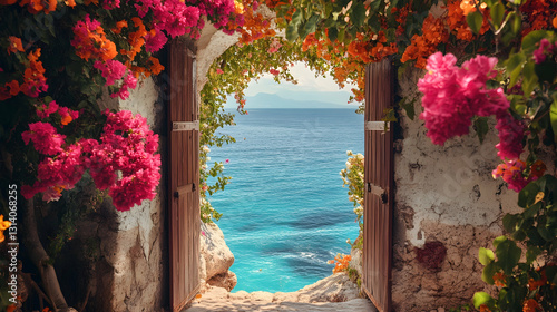 Fototapeta Naklejka Na Ścianę i Meble -  A Door Opening to the Sea, Framed by Vibrant Flowers