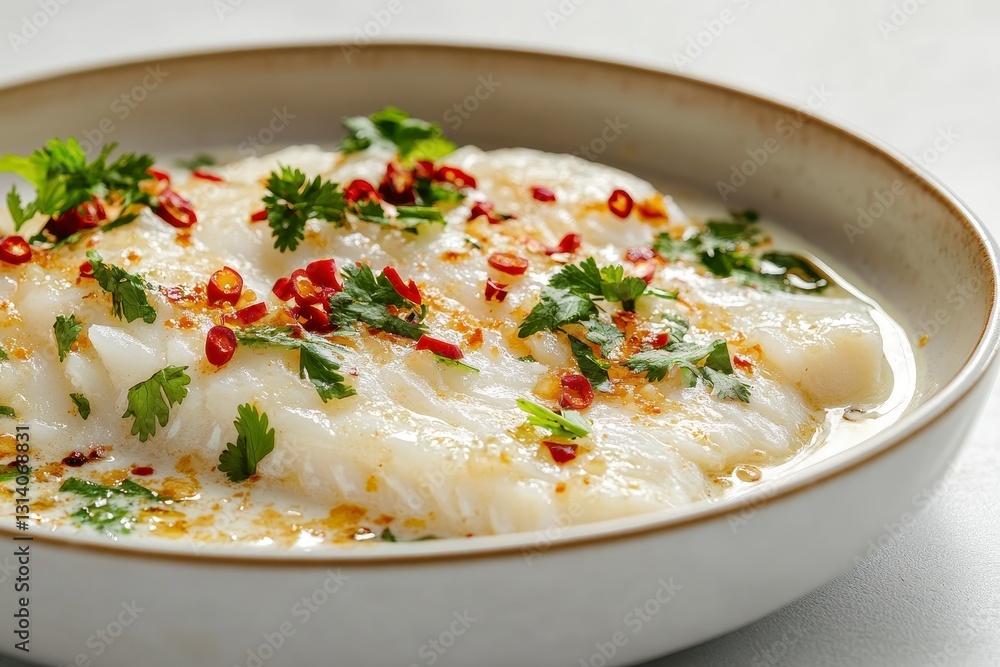 Creamy White Fish Dish with Red Chili Flakes and Herbs