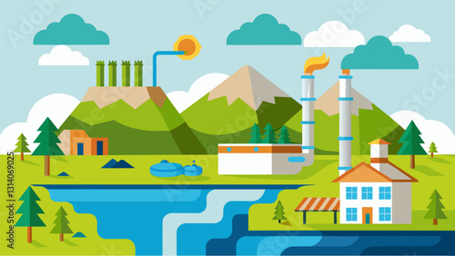 An ecological geothermal energy production center incorporating sustainable and environmentallyfriendly practices.. Vector illustration