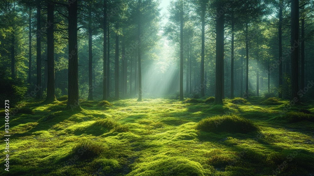Fototapeta premium Sunlight streams through mossy forest floor