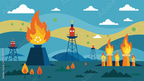 For miles around the gas flares at the oil site can be seen a reminder to the surrounding communities of the oil and gas industrys presence.. Vector illustration