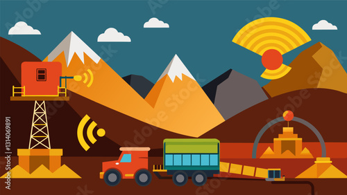 The constant hum and vibration of the mining operation interrupted only by the sound of blasts and the occasional honking of vehicles.. Vector illustration