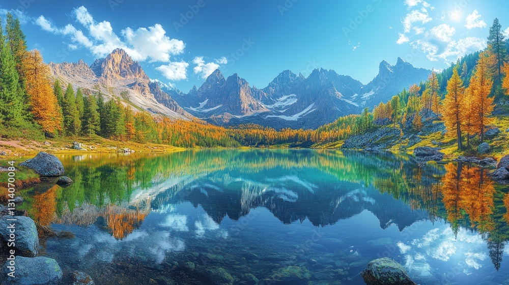 Fototapeta premium Autumn alpine lake reflecting mountains and colorful forest