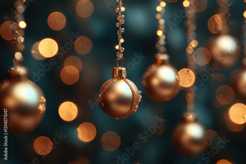 Golden baubles hang sparkling against blurred lights, festive decoration, indoors