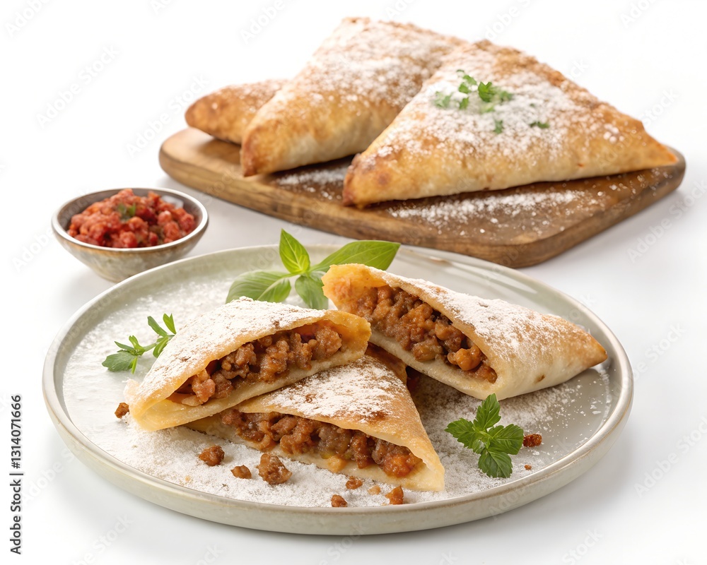 Egyptian dish Feter Meshaltet layered bread with meat filling, isolated on white background
Egyptian dish Feter Meshaltet layered bread with meat filling, isolated on white background