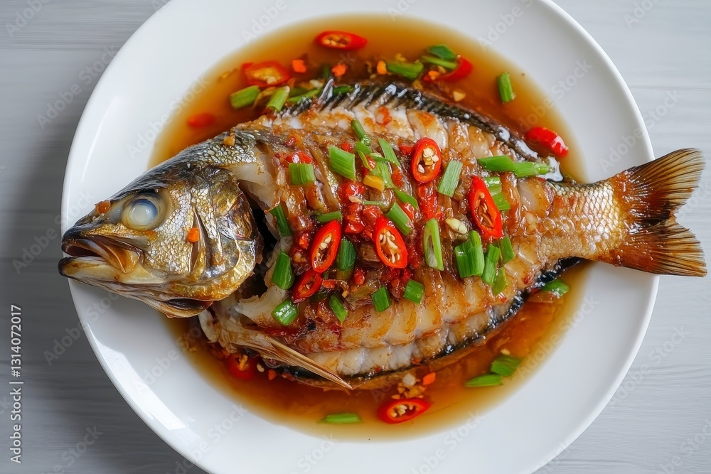 Overhead View of Pan Fried Fish with Spicy Chili Sauce Overhead View of Pan Fried Fish with Spicy Chili Sauce