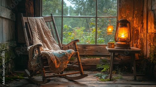 Rustic rocking chair by window, warm lamplight