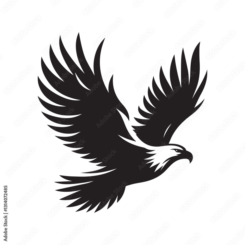 Fototapeta premium Eagle bird fly wings black soild silhouette isolated on white background, clip art logo icon 