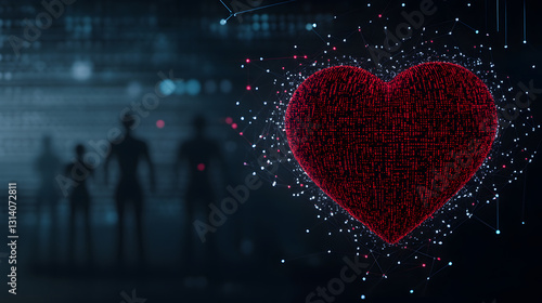 A digital heart surrounded by intricate AI code patterns, with shadowy futuristic elements, symbolizing the intersection of technology, emotion, and artificial intelligence in the modern world.
