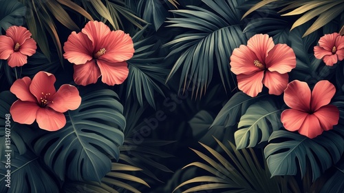 Wallpaper Mural Tropical flower and leaf design Torontodigital.ca