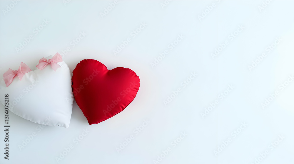 Two Plush Heart Shaped Pillows A Red And A White One On A White Background Representing Love And Romance Two Plush Heart Shaped Pillows A Red And A White One On A White Background Representing Love And Romance