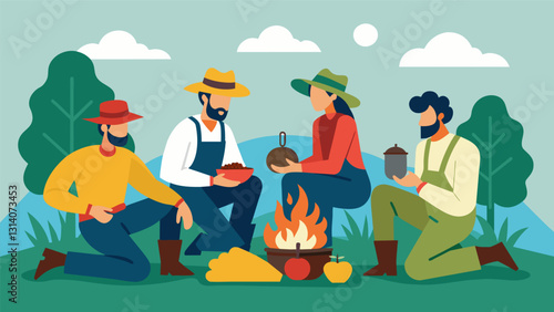 Farmers taking a break from their fields to cook their lunch over a small wood fire using it as a way to connect with nature and their food.. Vector illustration
