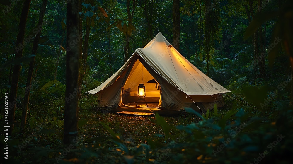 Illuminated canvas tent in a dark forest at night. Illuminated canvas tent in a dark forest at night.