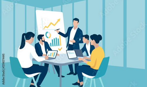 Presentation, education, learning business illustration. The business team listens to the leader, teacher.