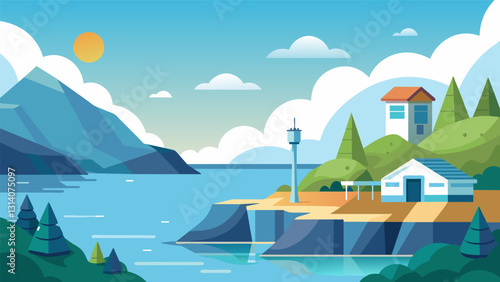 The serene view of a peaceful cove with a small tidal energy converter quietly generating clean energy in the background blending in harmoniously with. Vector illustration