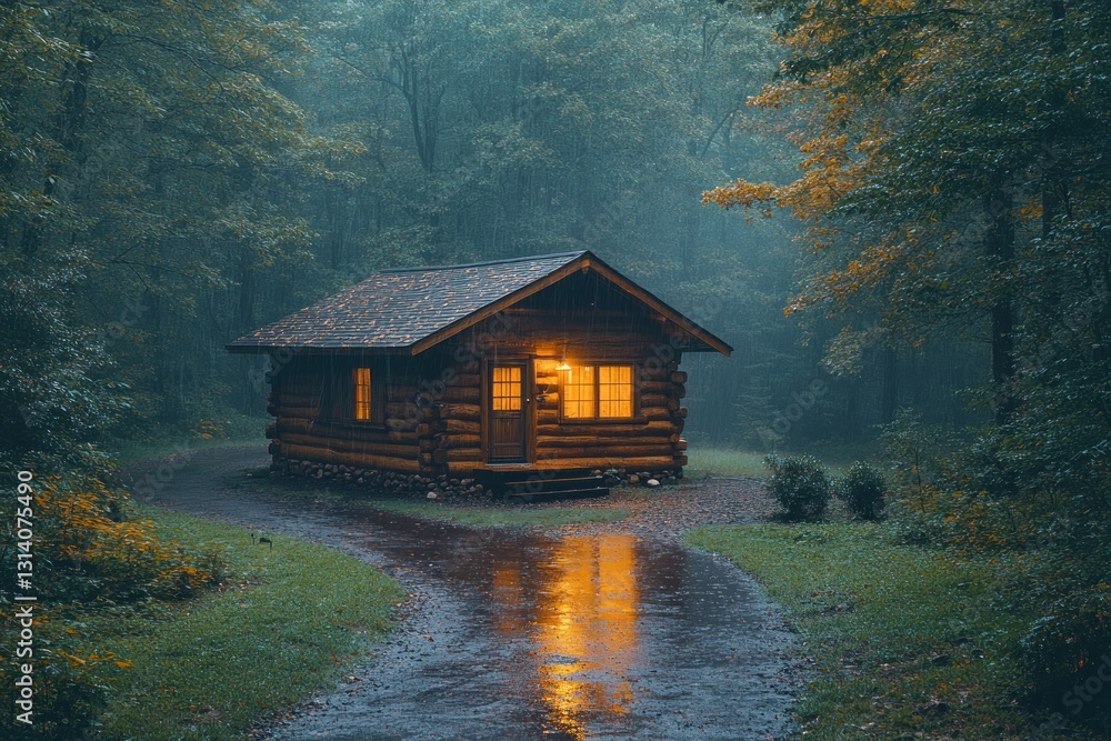 Obraz premium Misty forest cabin on a rainy evening