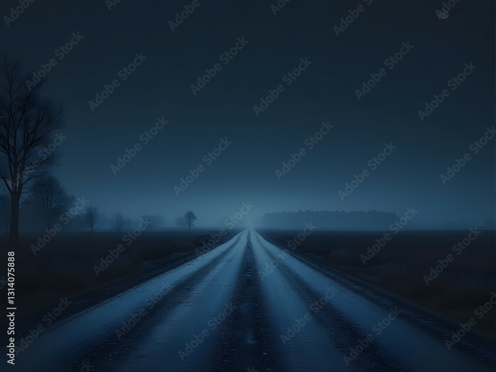 Empty foggy road at night, serene blue landscape, moody atmosphere Empty foggy road at night, serene blue landscape, moody atmosphere