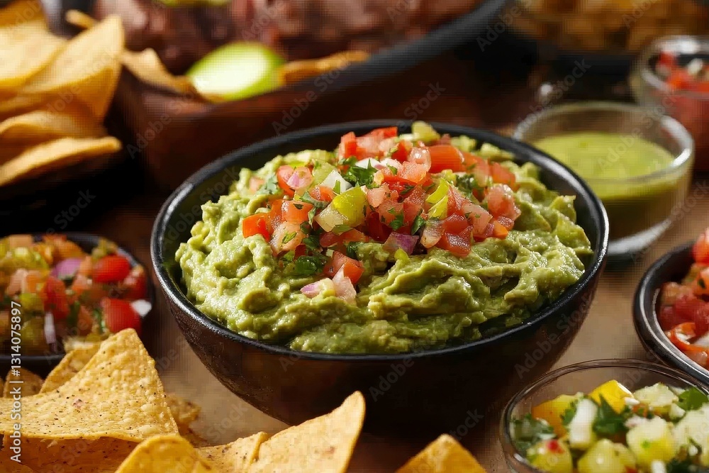 Vibrant Guacamole and Salsa with Tortilla Chips Vibrant Guacamole and Salsa with Tortilla Chips