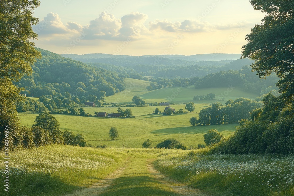 Obraz premium Dirt road through wildflowers overlooks sunlit valley farms at sunset