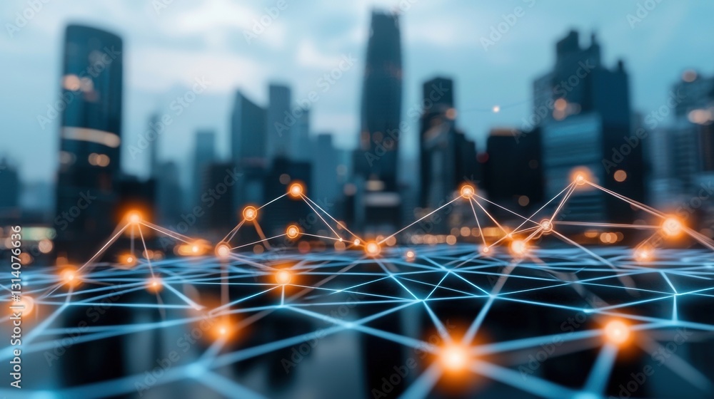 Network Connections Over Cityscape, Symbolizing Digital Communication Network Connections Over Cityscape, Symbolizing Digital Communication