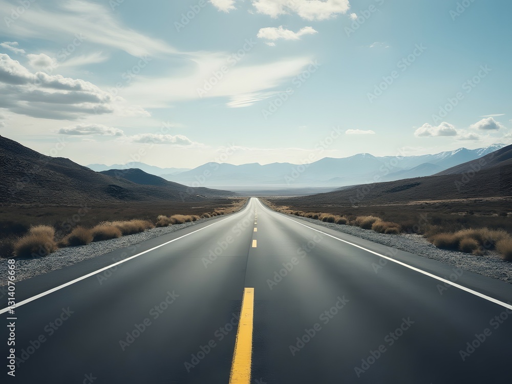Fototapeta premium Endless desert highway, open road travel with mountains in the distance. Vast desert landscape with view to horizon by road, scenic road trip