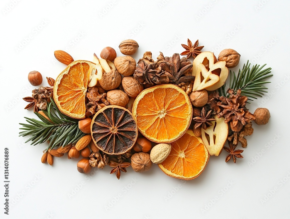 Well composed happy still life with dried fruits and nuts on a white background Well composed happy still life with dried fruits and nuts on a white background