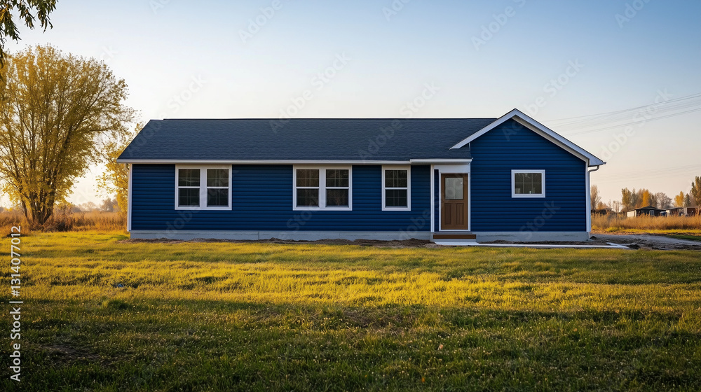 This brand new construction house, with blue siding, presents a front view of a cozy ranch-style home surrounded by a well-maintained yard.
This brand new construction house, with blue siding, presents a front view of a cozy ranch-style home surrounded by a well-maintained yard.