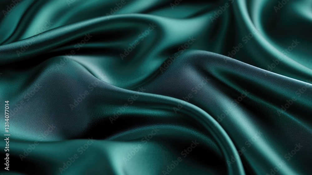 Detailed image depicts flowing fabric with lustrous teal colors Detailed image depicts flowing fabric with lustrous teal colors