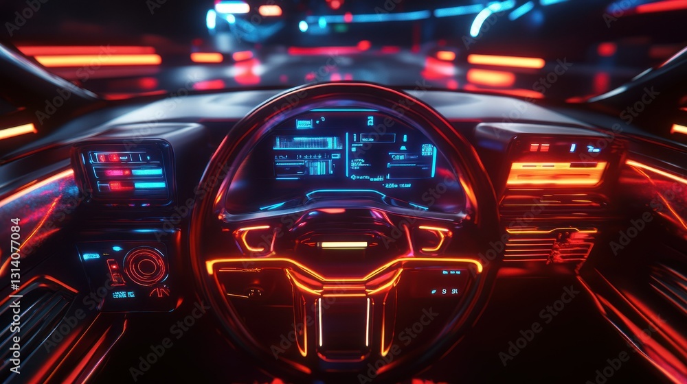 Futuristic car interior showing dashboard and glowing electronic displays Futuristic car interior showing dashboard and glowing electronic displays