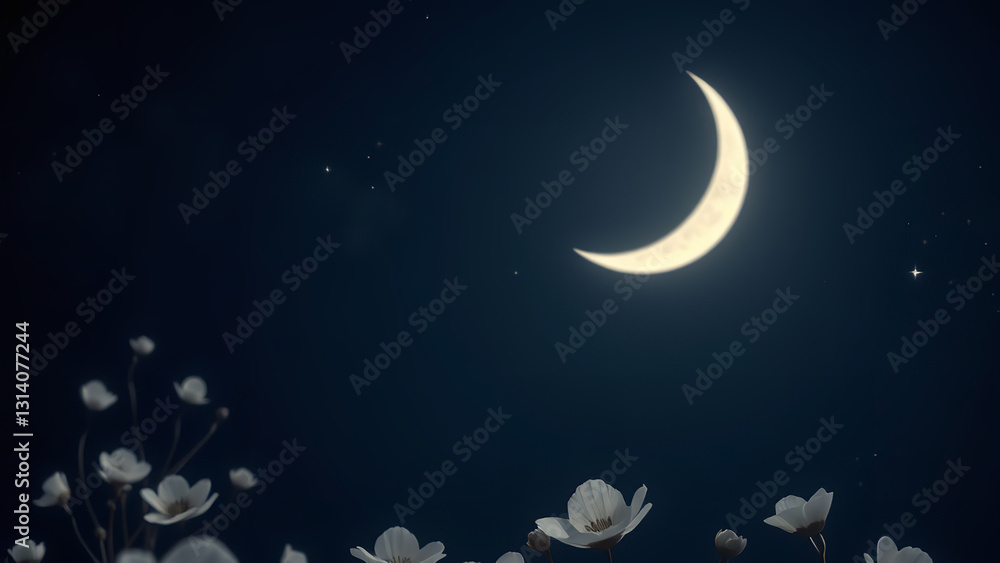 Fototapeta premium Lunar Enchantment: Marveling at the Alluring Presence of the Crescent Moon Amidst Ethereal Blossoms