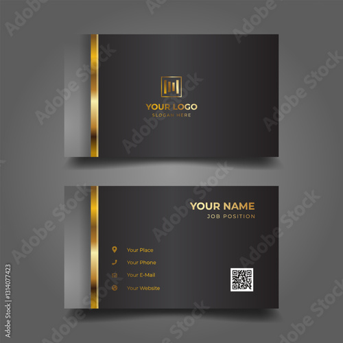 Elegant gold-accented business card design, grey background, contact info, QR code