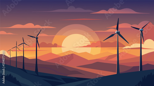 The fading sunlight on the horizon creates a dramatic backdrop for the majestic wind turbines standing tall in the foreground.. Vector illustration