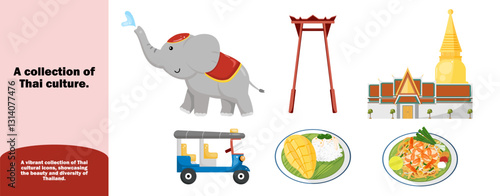 A collection of iconic symbols of Thai culture, including a playful elephant, traditional Giant Swing, majestic temple, classic tuk-tuk, and popular dishes like mango sticky rice and Pad Thai. 