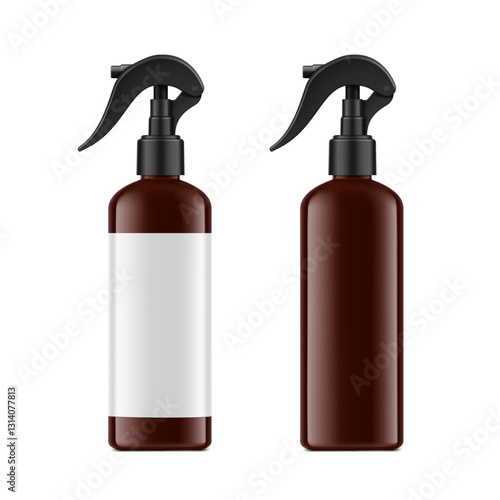 Realistic brown spray plastic bottle mockup. Vector illustration isolated on white background. Сan be used for cosmetic, medical, sanitary and other needs. EPS10.	