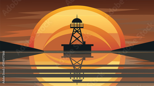 The shimmering reflection of the sunrise on the derricks metal surface a beautiful yet foreboding sight.. Vector illustration
