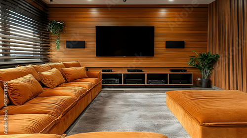 Wallpaper Mural Photo: Cozy Home Theater with Orange Sofa, Wood Paneling, and Entertainment System Torontodigital.ca