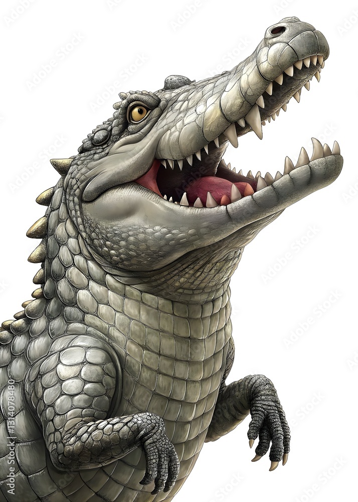Obraz premium Vibrant Realistic Crocodile Illustration Exaggerated Features Dramatic Expression Sharp Teeth Detailed Scales Dynamic Pose Animal Art