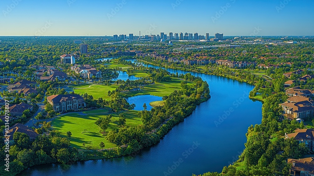 Fototapeta premium Urban residential community with a winding river and golf course