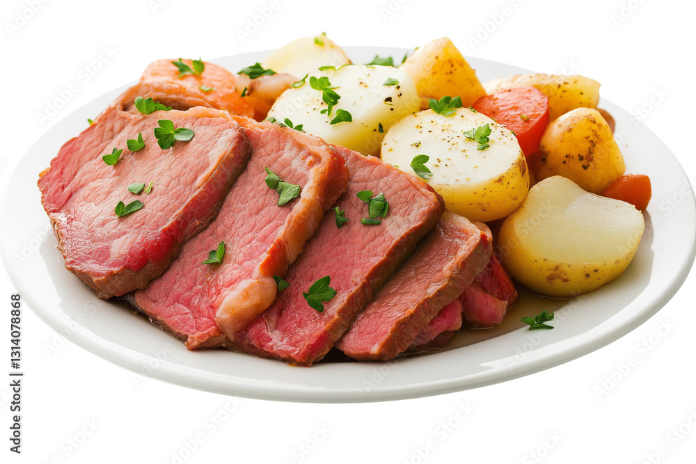 Irish corned beef and cabbage with potatoes isolated on transparent white background Irish corned beef and cabbage with potatoes isolated on transparent white background